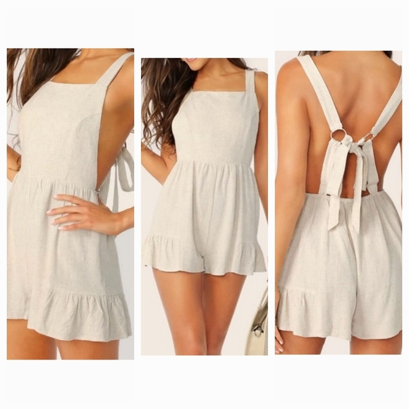 Storia Pants - STORIA Tan Linen, Jumper / Romper Open Back Tie Up, Mini Shorts & Ruffle Pattern
